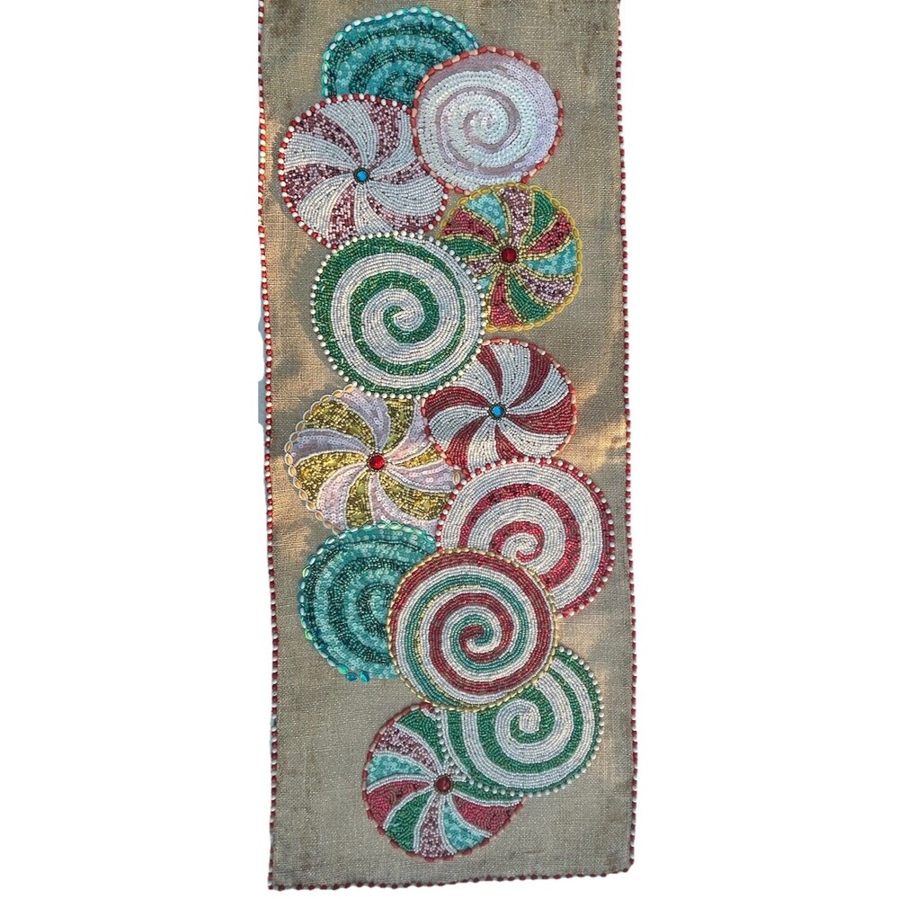 World Market Glass/Acrylic Heavy Texture Beaded Table Runner Lollipop Swirls ￼